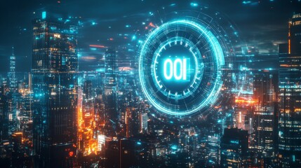 Fototapete - A vibrant cityscape illuminated with bright lights. The skyline features futuristic buildings combined with advanced technology. A digital interface adds a modern feel. AI.