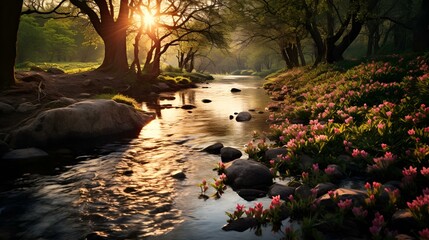 Poster - a river with rocks and flowers. 