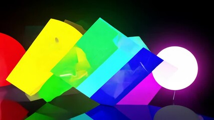 Poster - Abstract dynamic 3D shapes in motion with vivid RGB rainbow colors and 90s style