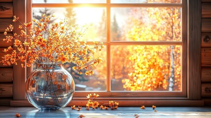 Poster -   A vase with flowers sits on a window sill alongside a leaf-filled one