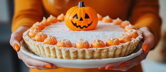 Woman holding Halloween seasonal theme pumpkin pie decorated with cute 3d jack o lantern toy and creamy pumpkin spice sugar frosting on Halloween celebration decorated home backgrounds, for home event