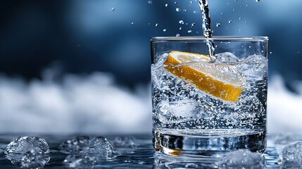   Close-up of a glass with lemon & ice