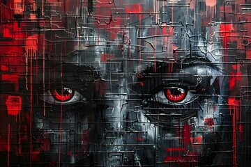 Sticker - Striking Abstract Portrait with Red Accents and Metallic Textures