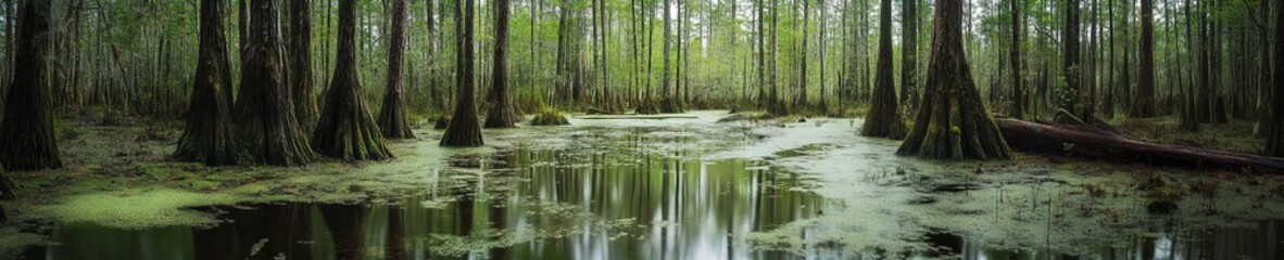 landscape photo of a swamp filled with moss and algae