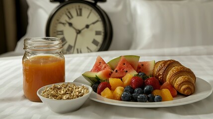   A plate of fruit, oatmeal, and a croissant on a bed with a clock in the foreground