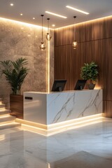 Modern lobby with illuminated staircase and sleek reception area in a contemporary building