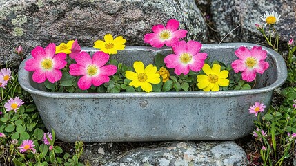   A tub of pink and yellow flowers rests on top of rocks and ground flora