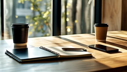 A simple work desk equipped with a notebook, mobile phone and coffee cup, and sunlight shines on the desk through the window.