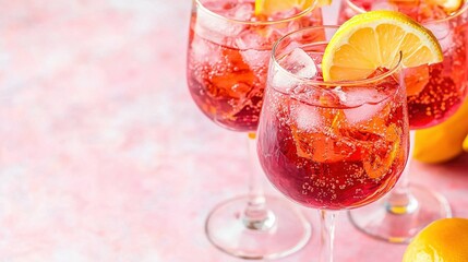 Poster -   A close-up of three wine glasses with lemons and strawberries on a table with other wine glasses