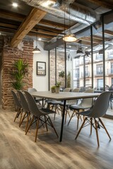 Poster - Modern meeting room with rustic elements in an urban setting during daylight