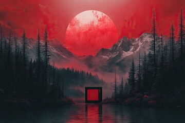 Wall Mural - Red Sky Over Mountain Lake