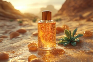 Golden Perfume Bottle on a Desert Beach