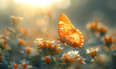 Poster - a butterfly on a yelllow and white flower. 