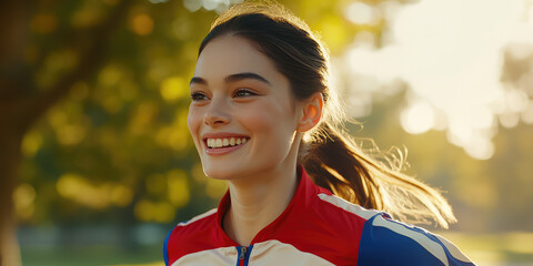 A young beautiful woman in a sports uniform smiles and runs in the park. Morning jogging