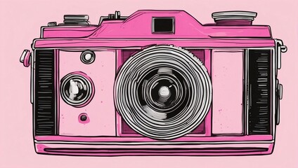 Wall Mural - A drawing of a retro camera, as a flat illustration, done in gouache, pink and magenta