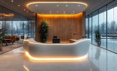 Poster - Modern Office Reception Area with Curved Counter and Glass Windows