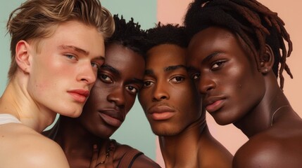 Four men stand shoulder to shoulder, each displaying unique skin tones that celebrate diversity. Their expressions radiate friendship and confidence against a colorful backdrop, inviting connection