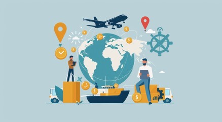 illustration depicting two men holding coins and standing on top of an airplane, cargo ship, and a global map with location pins, set against a light blue background Generative AI