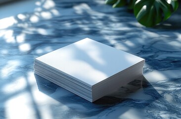 Poster - Blank Business Card Mockup on Marble Surface with Sunlight