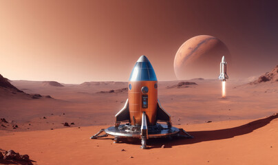 Wall Mural - a small rocket sits on the surface of mars with a larger rocket taking off in the distance