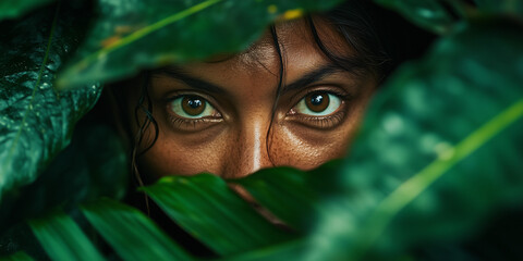 A portrait of tribal woman with stunning eyes hiding in the bushes of a beautiful jungle background during the day time closeup shot and sharp colors