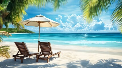 Two Beach Chairs Under an Umbrella on a Tropical Beach