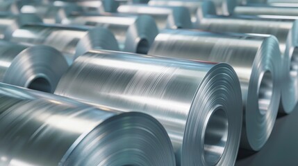 Poster - Shimmering rolls of metal reflect light beautifully in a spacious warehouse, highlighting the smooth textures and meticulous arrangement in an industrial environment