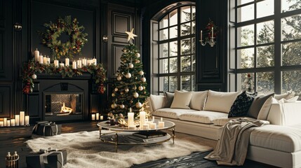 Wall Mural - This stylish living room features striking black walls and a chic white sofa, complemented by a beautifully decorated Christmas tree, creating a cozy holiday atmosphere