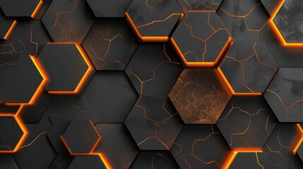 Poster - A striking arrangement of dark gray hexagons interspersed with vibrant orange edges creates a visually engaging surface, ideal for digital art or modern design projects