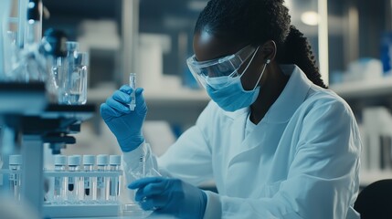 Poster - scientist conducting lab experiments in a biotechnology laboratory during the day