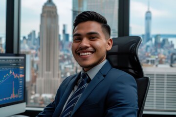 Successful Businessman in Office Overlooking City Skyline