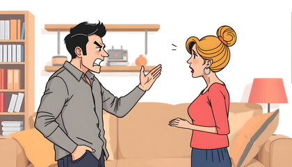 Husband and wife are arguing at home. Angry man is yelling at his wife isolated with white highlights, png