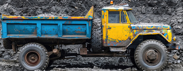 A weathered dump truck, painted in vibrant blue and yellow, stands still on rough ground, showcasing its timeworn beauty against the rocky landscape during the evening sun