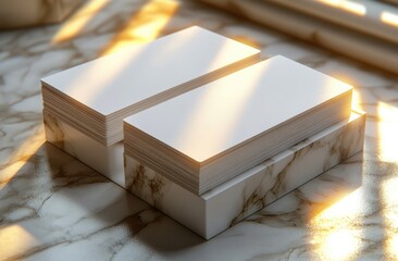 Canvas Print - Blank Business Cards Mockup on Marble Surface with Sunlight