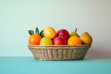 Wall Mural - A woven basket filled with assorted fresh fruits on a gradient background.