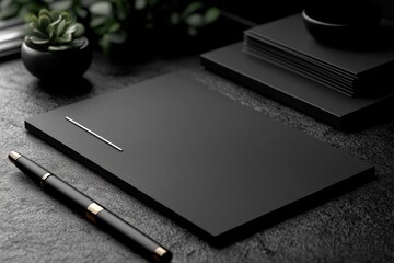 Canvas Print - Black Notebook and Pen on a Desk