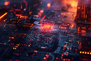 Poster - Futuristic Circuit Board with Glowing Elements and Data Flow