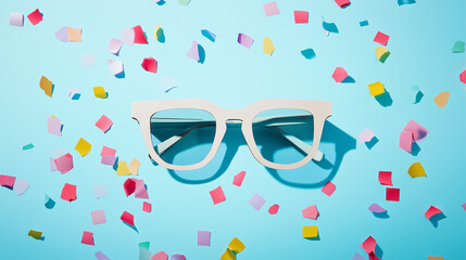 Fashionable eyewear amidst a sprinkle of confetti on a blue surface