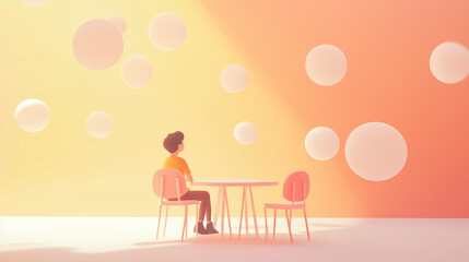 Wall Mural - Person seated at a table with floating white circles against a pastel background