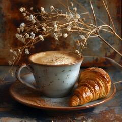 Wall Mural - a cup of cappuccino with a croissant on a plate.