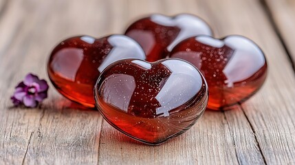 Wall Mural -   A few heart-shaped glass vases sit atop a wooden table alongside a small purple bloom