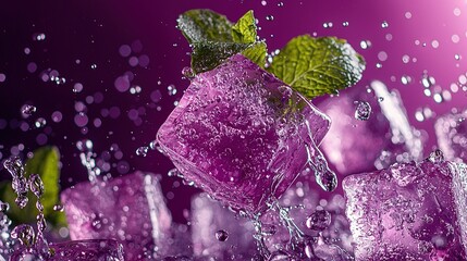 Poster -   A cluster of ice cubes featuring a green leaf atop and water beads beneath