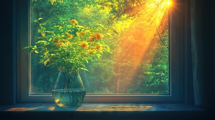 Poster -   Sunflowers in a vase on a window sill with sunlight filtering through the background trees