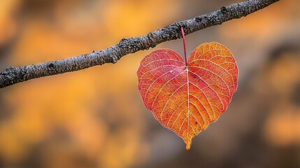 Wall Mural -   A heart-shaped leaf dangles from a tree branch in front of a hazy background of yellow and orange foliage