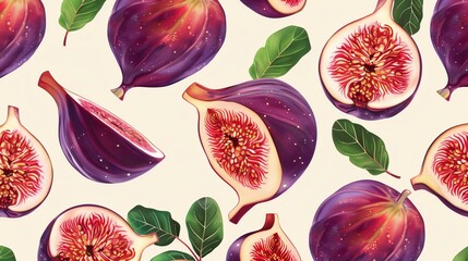 Fig fruit pattern. Tropical ripe exotic summer food wallpaper background, healthy sweet organic plant illustration art, botanical backdrop print 