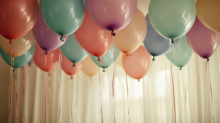 Wall Mural -   A room filled with colorful balloons dangling from the ceiling, alongside curtain-covered walls and window sills adorned with drapes