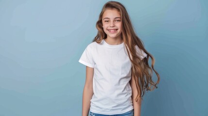 A cheerful young girl with an incredibly bright smile poses confidently and happily against a vibrant teal backdrop