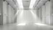 © Kristina - Nobody in empty white studio with spotlight lamps. Illuminated photographer place, bright reflector, professional equipment in a room, fashion show place