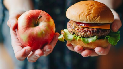 One hand holding apple fruit, other holding hamburger. Healthy natural organic fresh vegetarian food vs unhealthy processed fast junk food meat. Nutrition diet lifestyle, fitness eating choice 