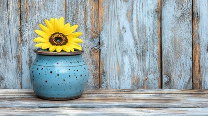 Wall Mural -   A blue vase containing a yellow sunflower sits atop a table adjacent to a wooden wall adorned with planks